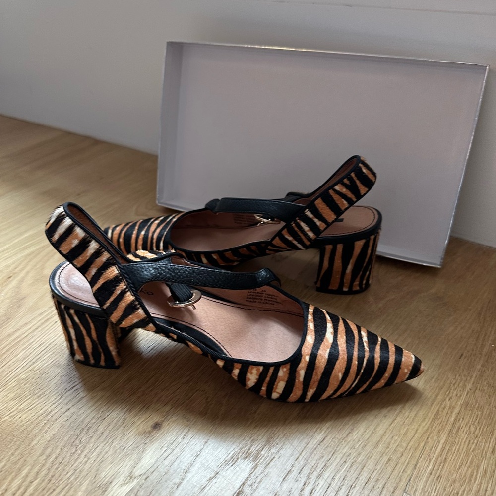 Tiger print calf hair block heels